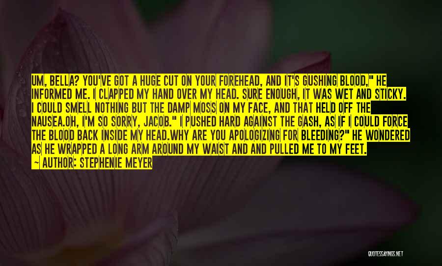 Stephenie Meyer Quotes: Um, Bella? You've Got A Huge Cut On Your Forehead, And It's Gushing Blood, He Informed Me. I Clapped My