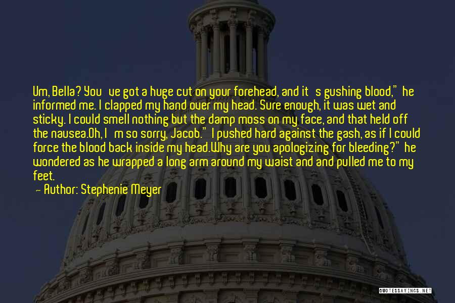 Stephenie Meyer Quotes: Um, Bella? You've Got A Huge Cut On Your Forehead, And It's Gushing Blood, He Informed Me. I Clapped My