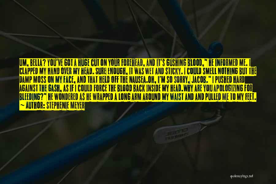 Stephenie Meyer Quotes: Um, Bella? You've Got A Huge Cut On Your Forehead, And It's Gushing Blood, He Informed Me. I Clapped My