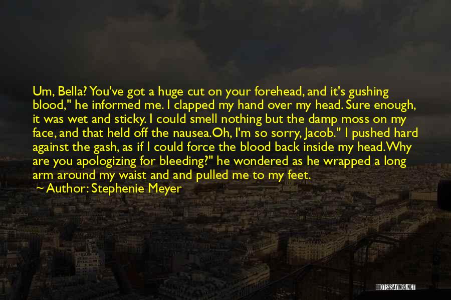 Stephenie Meyer Quotes: Um, Bella? You've Got A Huge Cut On Your Forehead, And It's Gushing Blood, He Informed Me. I Clapped My