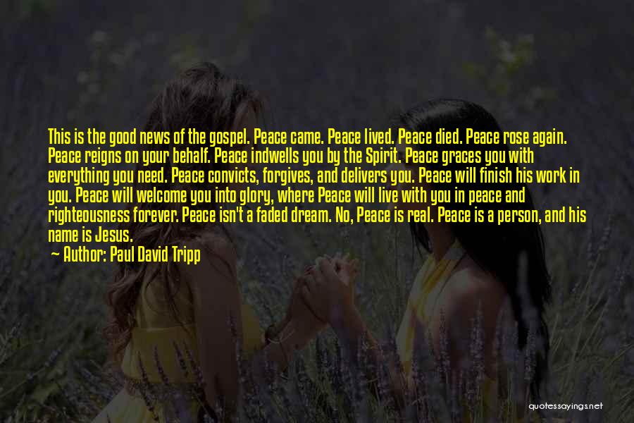 Paul David Tripp Quotes: This Is The Good News Of The Gospel. Peace Came. Peace Lived. Peace Died. Peace Rose Again. Peace Reigns On