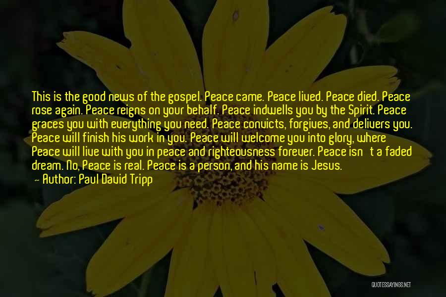 Paul David Tripp Quotes: This Is The Good News Of The Gospel. Peace Came. Peace Lived. Peace Died. Peace Rose Again. Peace Reigns On