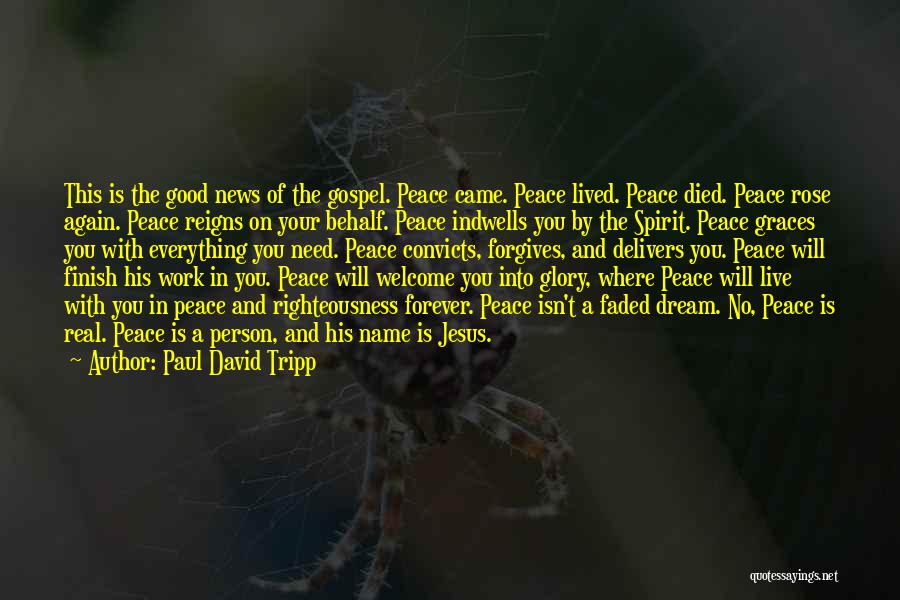 Paul David Tripp Quotes: This Is The Good News Of The Gospel. Peace Came. Peace Lived. Peace Died. Peace Rose Again. Peace Reigns On