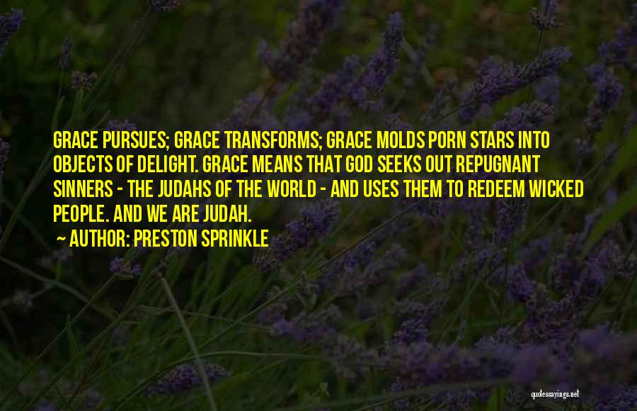 Preston Sprinkle Quotes: Grace Pursues; Grace Transforms; Grace Molds Porn Stars Into Objects Of Delight. Grace Means That God Seeks Out Repugnant Sinners