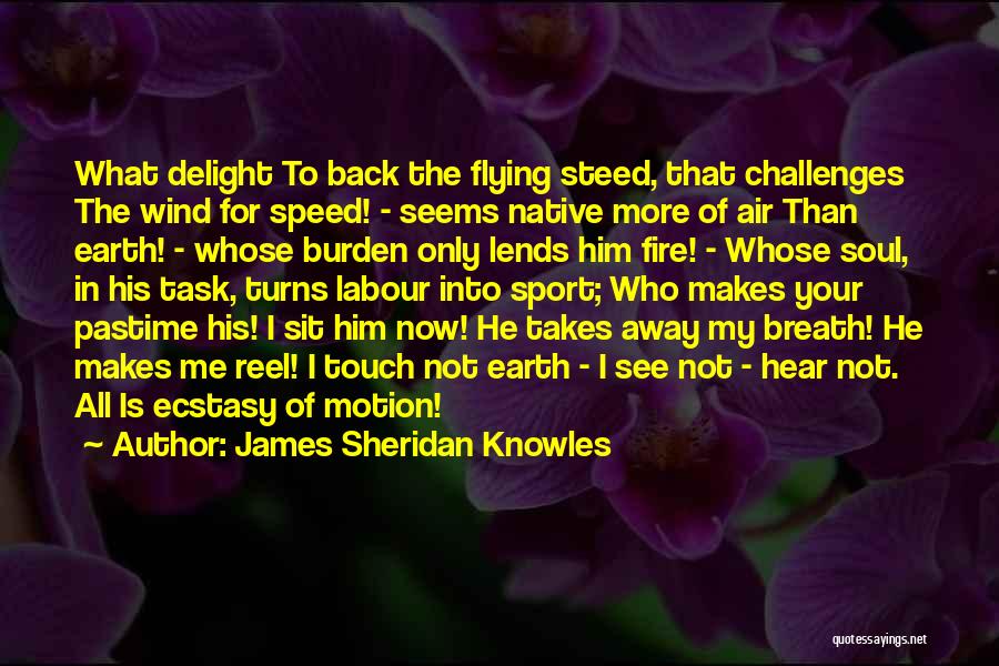 James Sheridan Knowles Quotes: What Delight To Back The Flying Steed, That Challenges The Wind For Speed! - Seems Native More Of Air Than