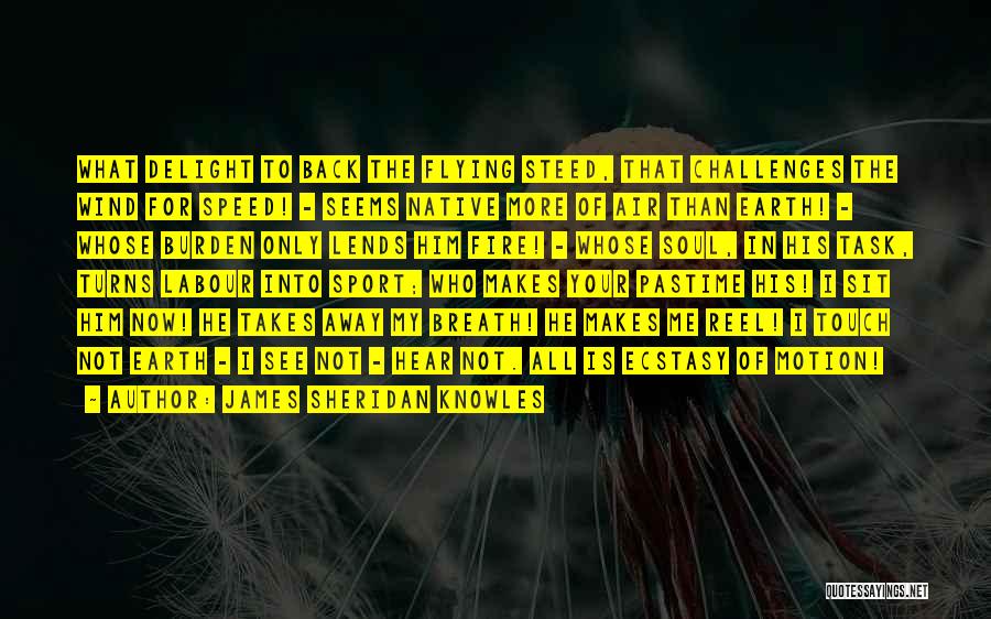 James Sheridan Knowles Quotes: What Delight To Back The Flying Steed, That Challenges The Wind For Speed! - Seems Native More Of Air Than