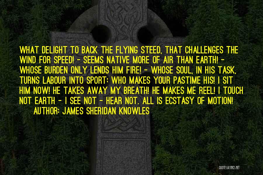 James Sheridan Knowles Quotes: What Delight To Back The Flying Steed, That Challenges The Wind For Speed! - Seems Native More Of Air Than