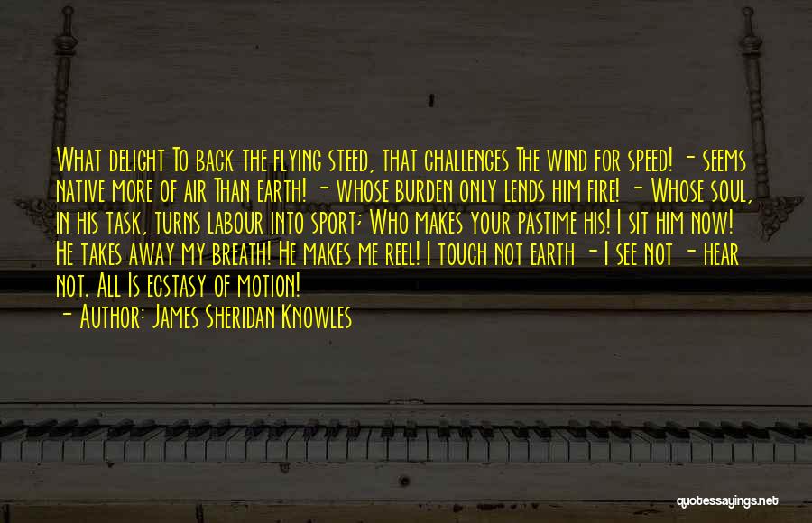 James Sheridan Knowles Quotes: What Delight To Back The Flying Steed, That Challenges The Wind For Speed! - Seems Native More Of Air Than