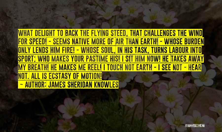 James Sheridan Knowles Quotes: What Delight To Back The Flying Steed, That Challenges The Wind For Speed! - Seems Native More Of Air Than