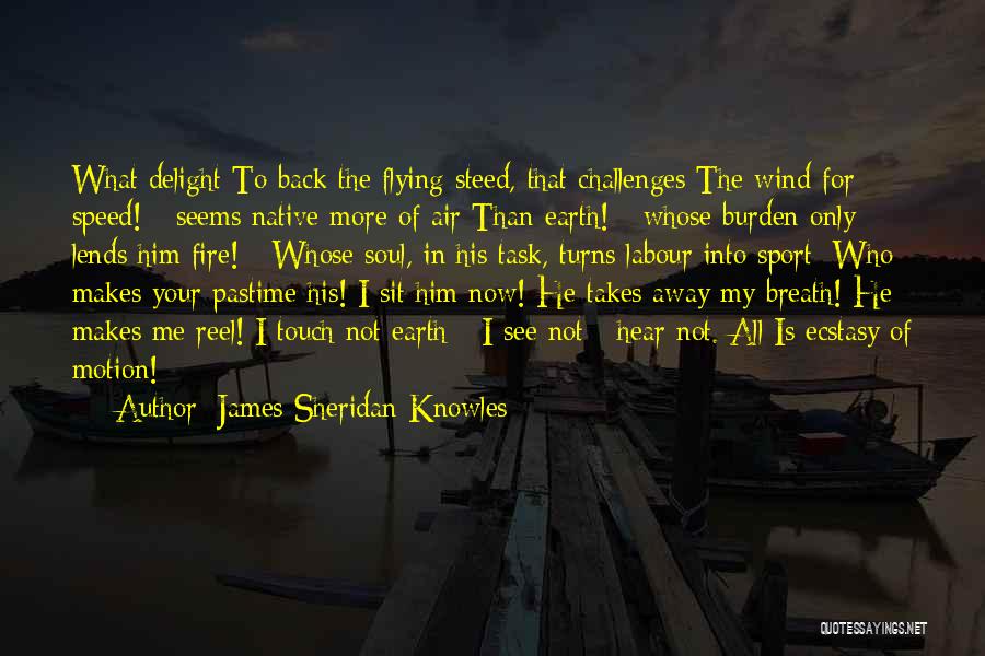 James Sheridan Knowles Quotes: What Delight To Back The Flying Steed, That Challenges The Wind For Speed! - Seems Native More Of Air Than