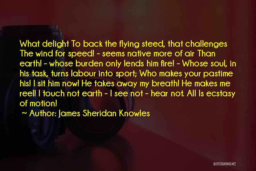 James Sheridan Knowles Quotes: What Delight To Back The Flying Steed, That Challenges The Wind For Speed! - Seems Native More Of Air Than