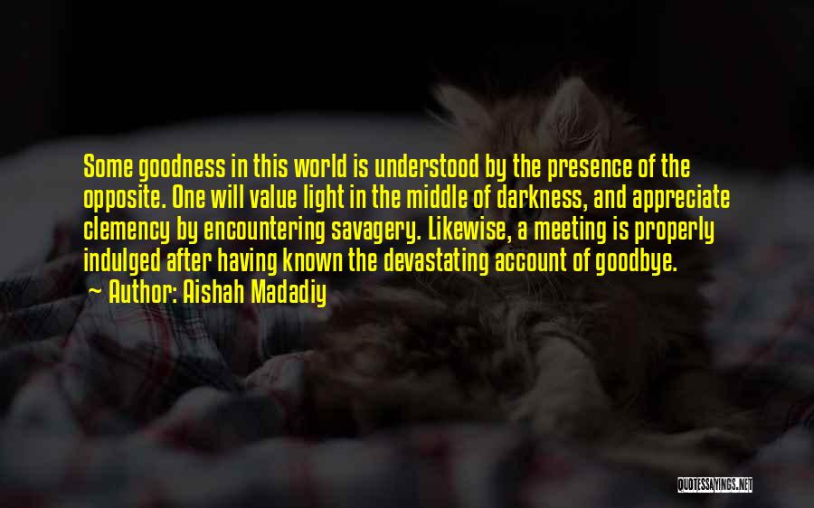 Aishah Madadiy Quotes: Some Goodness In This World Is Understood By The Presence Of The Opposite. One Will Value Light In The Middle