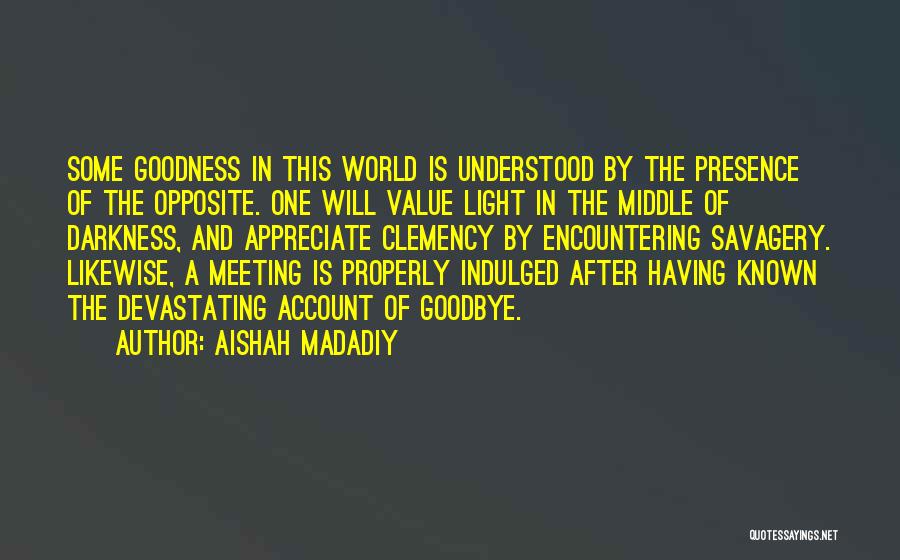 Aishah Madadiy Quotes: Some Goodness In This World Is Understood By The Presence Of The Opposite. One Will Value Light In The Middle