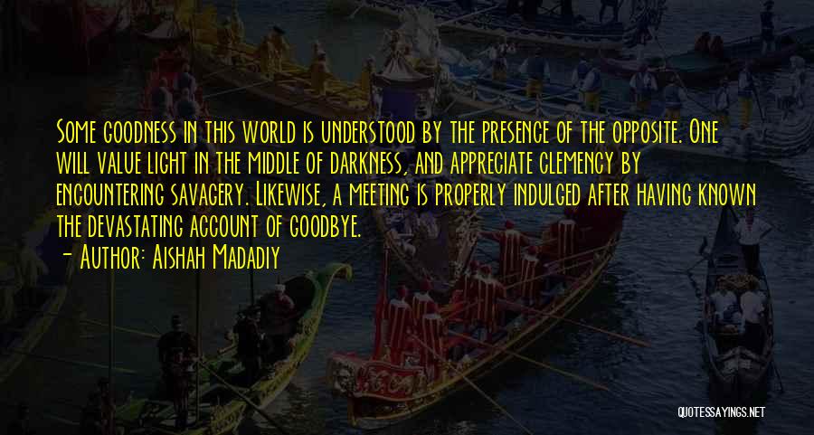 Aishah Madadiy Quotes: Some Goodness In This World Is Understood By The Presence Of The Opposite. One Will Value Light In The Middle