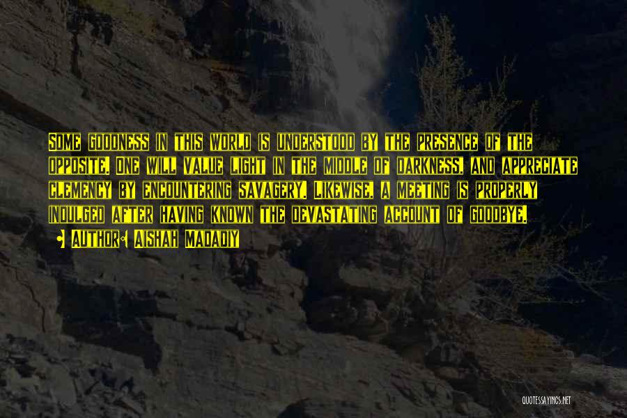 Aishah Madadiy Quotes: Some Goodness In This World Is Understood By The Presence Of The Opposite. One Will Value Light In The Middle