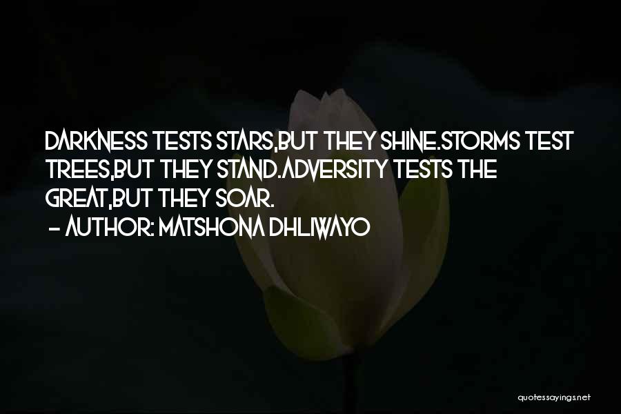 Matshona Dhliwayo Quotes: Darkness Tests Stars,but They Shine.storms Test Trees,but They Stand.adversity Tests The Great,but They Soar.