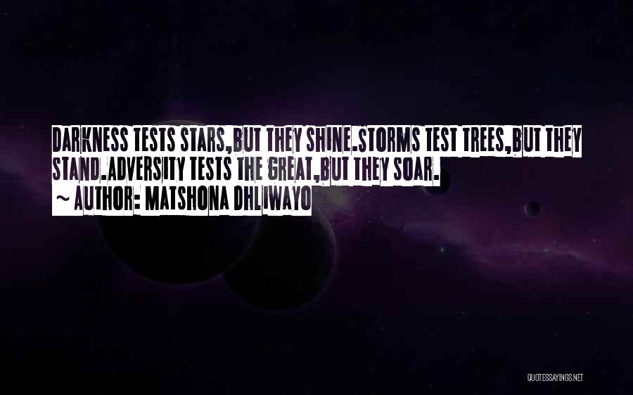 Matshona Dhliwayo Quotes: Darkness Tests Stars,but They Shine.storms Test Trees,but They Stand.adversity Tests The Great,but They Soar.