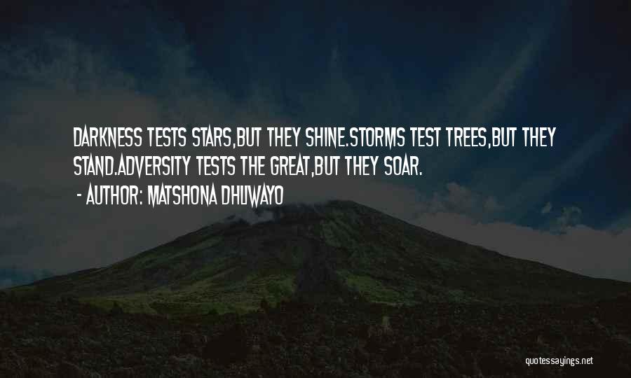 Matshona Dhliwayo Quotes: Darkness Tests Stars,but They Shine.storms Test Trees,but They Stand.adversity Tests The Great,but They Soar.