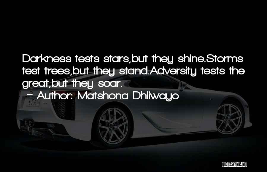 Matshona Dhliwayo Quotes: Darkness Tests Stars,but They Shine.storms Test Trees,but They Stand.adversity Tests The Great,but They Soar.