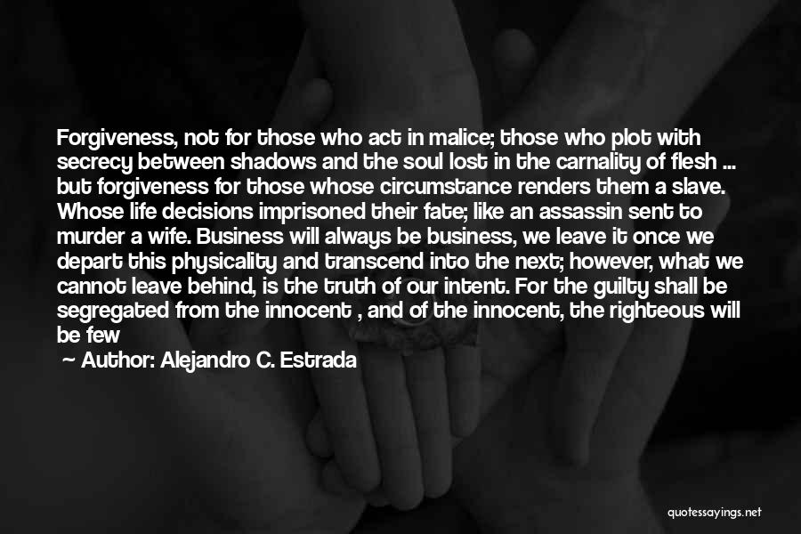 Alejandro C. Estrada Quotes: Forgiveness, Not For Those Who Act In Malice; Those Who Plot With Secrecy Between Shadows And The Soul Lost In