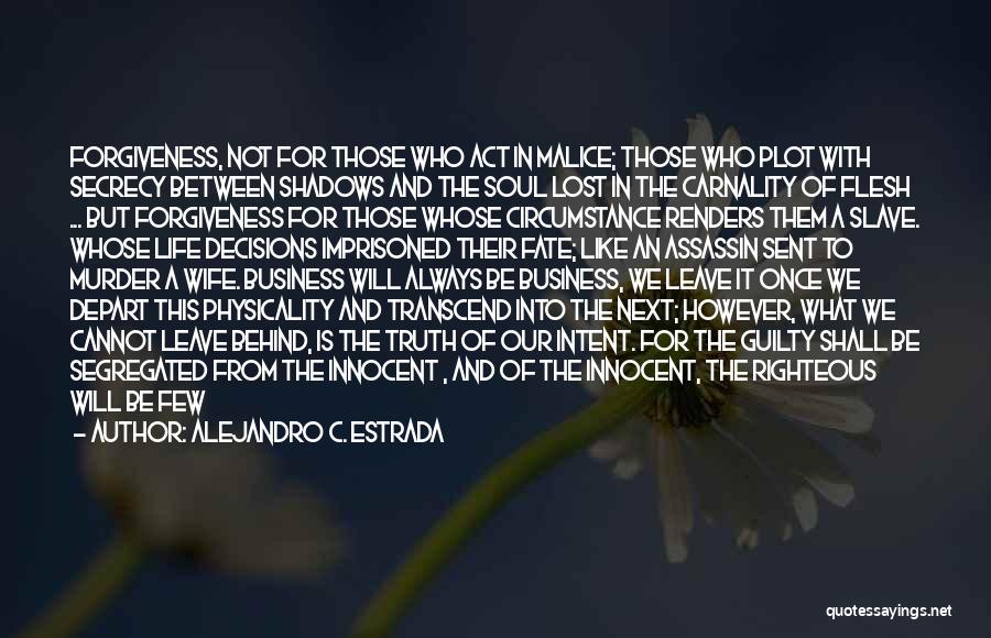 Alejandro C. Estrada Quotes: Forgiveness, Not For Those Who Act In Malice; Those Who Plot With Secrecy Between Shadows And The Soul Lost In