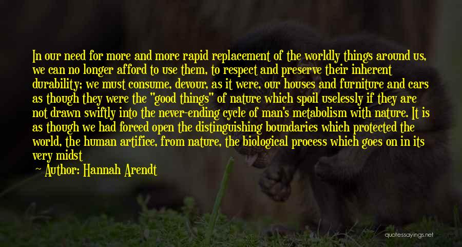 Hannah Arendt Quotes: In Our Need For More And More Rapid Replacement Of The Worldly Things Around Us, We Can No Longer Afford