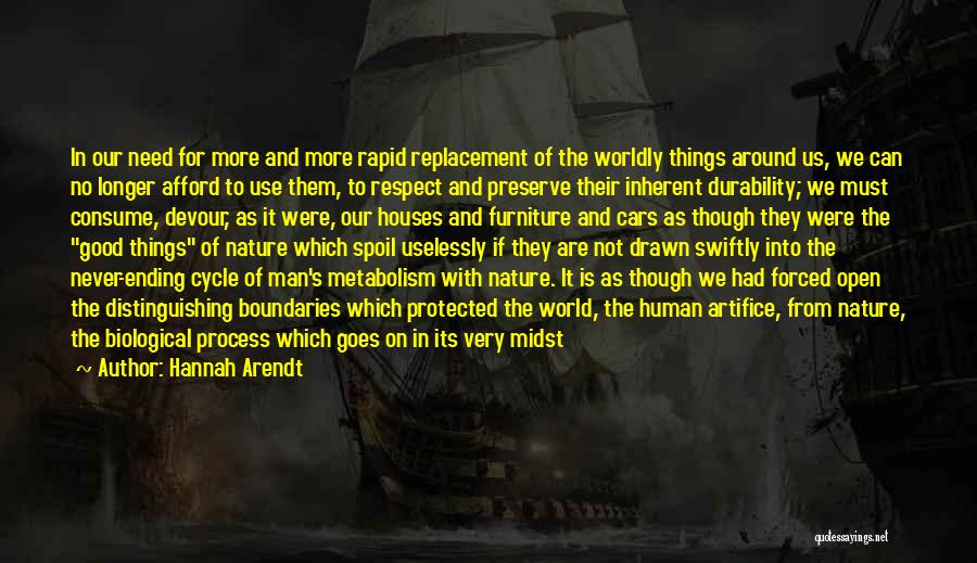 Hannah Arendt Quotes: In Our Need For More And More Rapid Replacement Of The Worldly Things Around Us, We Can No Longer Afford