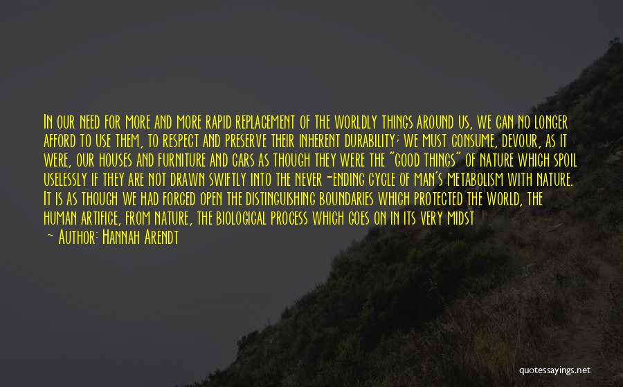 Hannah Arendt Quotes: In Our Need For More And More Rapid Replacement Of The Worldly Things Around Us, We Can No Longer Afford