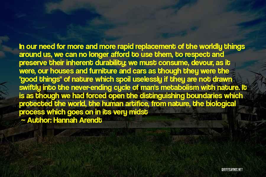 Hannah Arendt Quotes: In Our Need For More And More Rapid Replacement Of The Worldly Things Around Us, We Can No Longer Afford