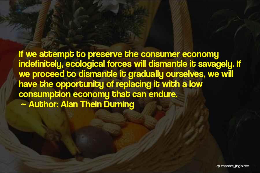 Alan Thein Durning Quotes: If We Attempt To Preserve The Consumer Economy Indefinitely, Ecological Forces Will Dismantle It Savagely. If We Proceed To Dismantle