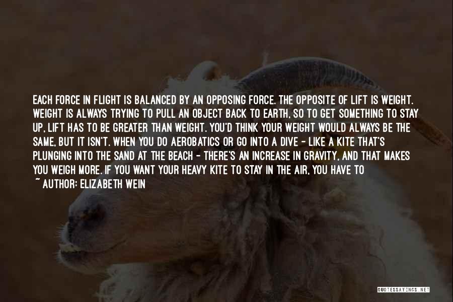 Elizabeth Wein Quotes: Each Force In Flight Is Balanced By An Opposing Force. The Opposite Of Lift Is Weight. Weight Is Always Trying