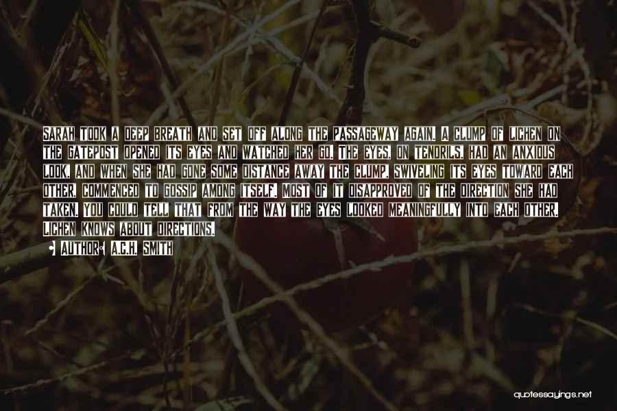 A.C.H. Smith Quotes: Sarah Took A Deep Breath And Set Off Along The Passageway Again. A Clump Of Lichen On The Gatepost Opened