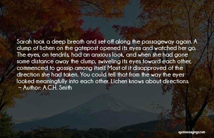 A.C.H. Smith Quotes: Sarah Took A Deep Breath And Set Off Along The Passageway Again. A Clump Of Lichen On The Gatepost Opened