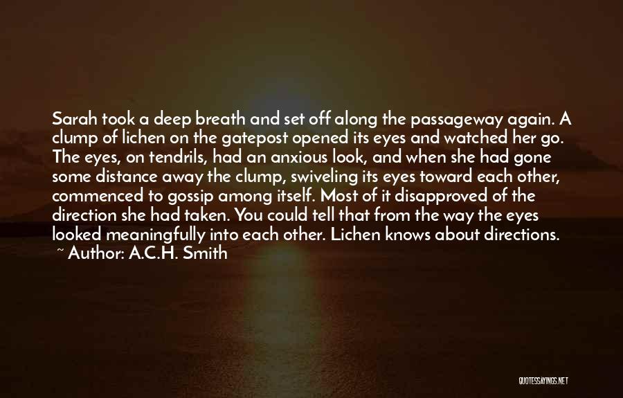 A.C.H. Smith Quotes: Sarah Took A Deep Breath And Set Off Along The Passageway Again. A Clump Of Lichen On The Gatepost Opened