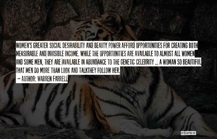 Warren Farrell Quotes: Women's Greater Social Desirability And Beauty Power Afford Opportunities For Creating Both Measurable And Invisible Income. While The Opportunities Are