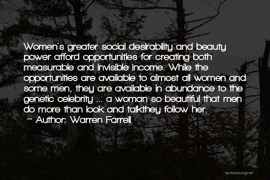 Warren Farrell Quotes: Women's Greater Social Desirability And Beauty Power Afford Opportunities For Creating Both Measurable And Invisible Income. While The Opportunities Are