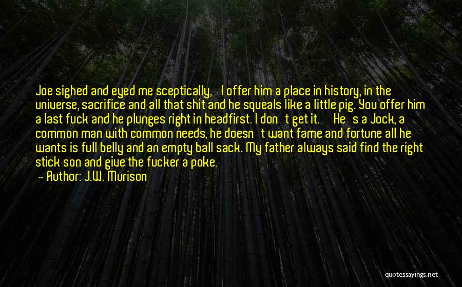 J.W. Murison Quotes: Joe Sighed And Eyed Me Sceptically, 'i Offer Him A Place In History, In The Universe, Sacrifice And All That