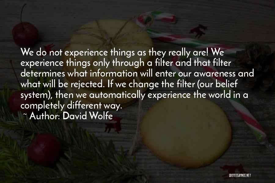 David Wolfe Quotes: We Do Not Experience Things As They Really Are! We Experience Things Only Through A Filter And That Filter Determines