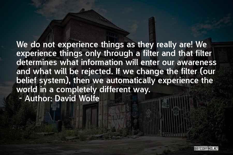 David Wolfe Quotes: We Do Not Experience Things As They Really Are! We Experience Things Only Through A Filter And That Filter Determines
