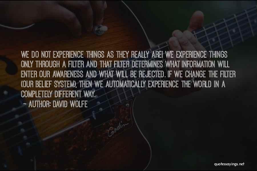 David Wolfe Quotes: We Do Not Experience Things As They Really Are! We Experience Things Only Through A Filter And That Filter Determines