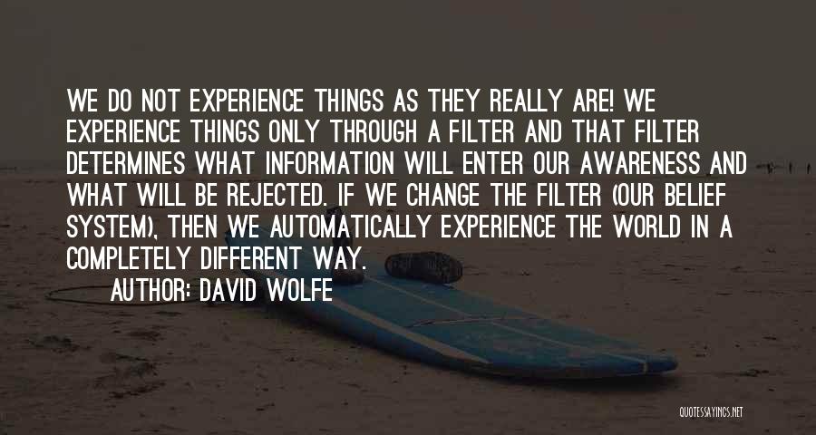 David Wolfe Quotes: We Do Not Experience Things As They Really Are! We Experience Things Only Through A Filter And That Filter Determines