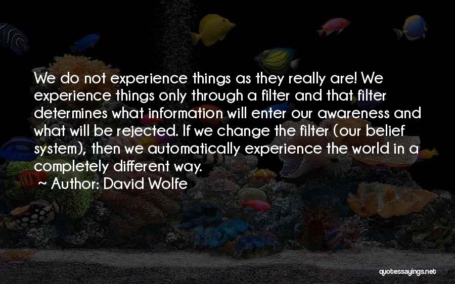 David Wolfe Quotes: We Do Not Experience Things As They Really Are! We Experience Things Only Through A Filter And That Filter Determines