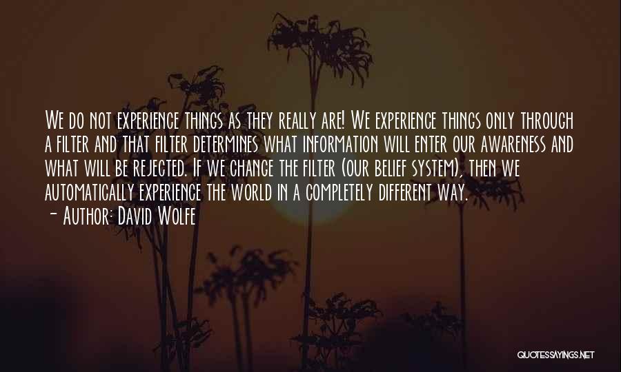 David Wolfe Quotes: We Do Not Experience Things As They Really Are! We Experience Things Only Through A Filter And That Filter Determines