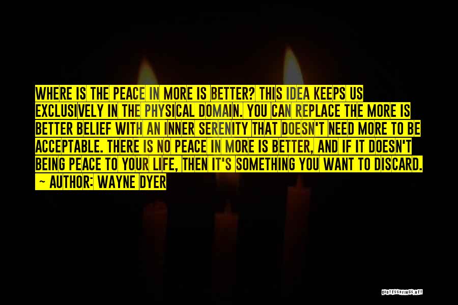 Wayne Dyer Quotes: Where Is The Peace In More Is Better? This Idea Keeps Us Exclusively In The Physical Domain. You Can Replace