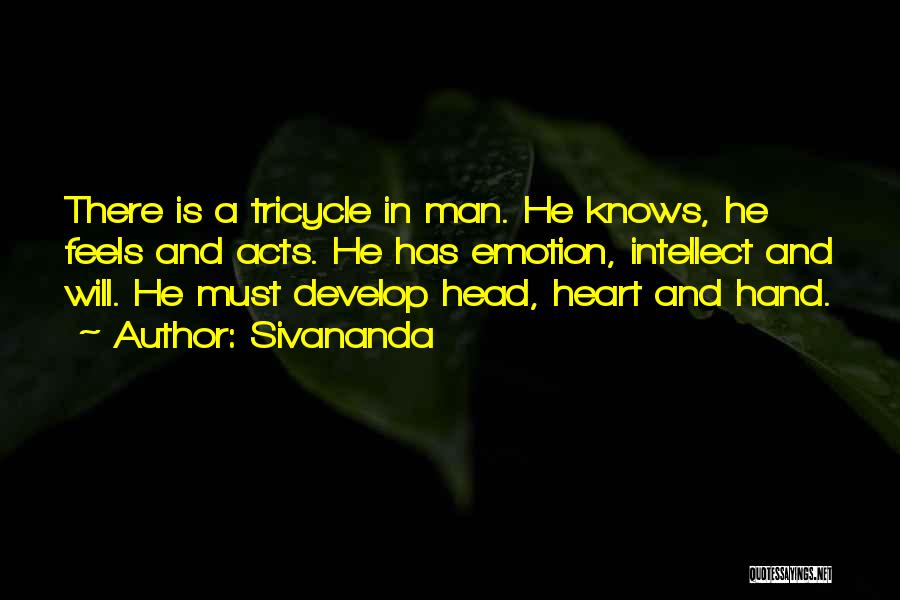 Sivananda Quotes: There Is A Tricycle In Man. He Knows, He Feels And Acts. He Has Emotion, Intellect And Will. He Must