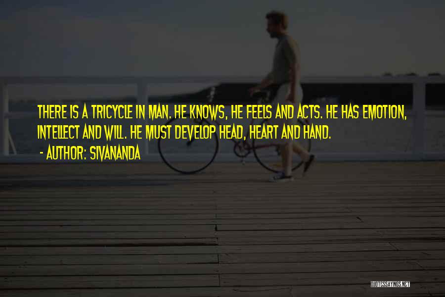 Sivananda Quotes: There Is A Tricycle In Man. He Knows, He Feels And Acts. He Has Emotion, Intellect And Will. He Must