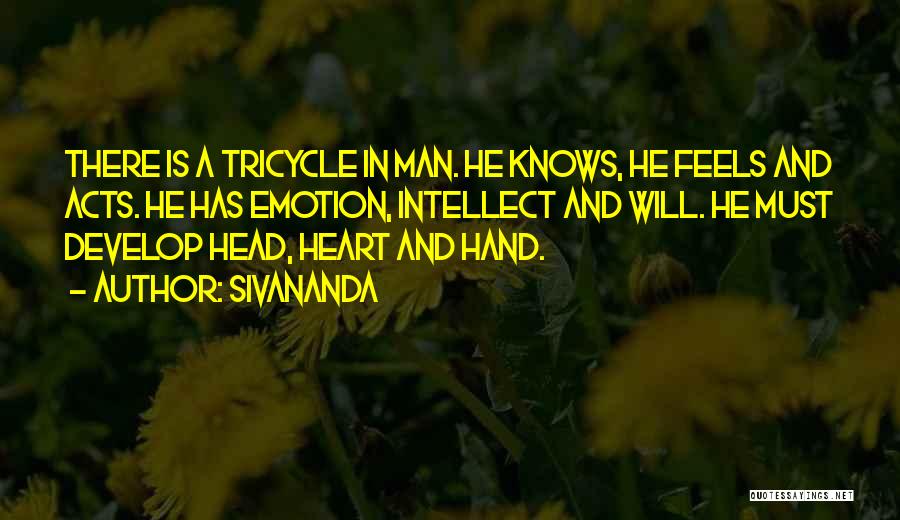 Sivananda Quotes: There Is A Tricycle In Man. He Knows, He Feels And Acts. He Has Emotion, Intellect And Will. He Must