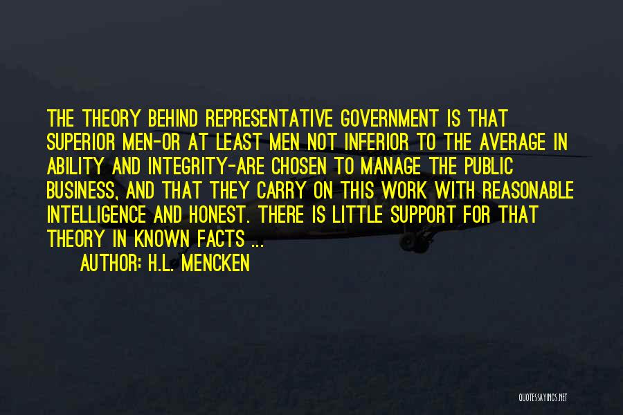 H.L. Mencken Quotes: The Theory Behind Representative Government Is That Superior Men-or At Least Men Not Inferior To The Average In Ability And