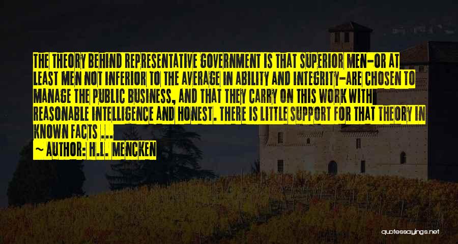 H.L. Mencken Quotes: The Theory Behind Representative Government Is That Superior Men-or At Least Men Not Inferior To The Average In Ability And