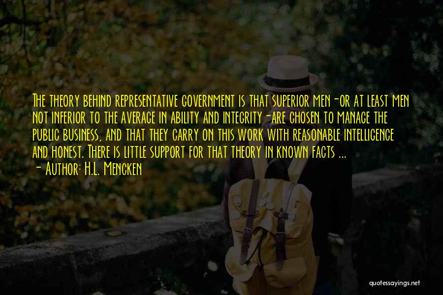 H.L. Mencken Quotes: The Theory Behind Representative Government Is That Superior Men-or At Least Men Not Inferior To The Average In Ability And